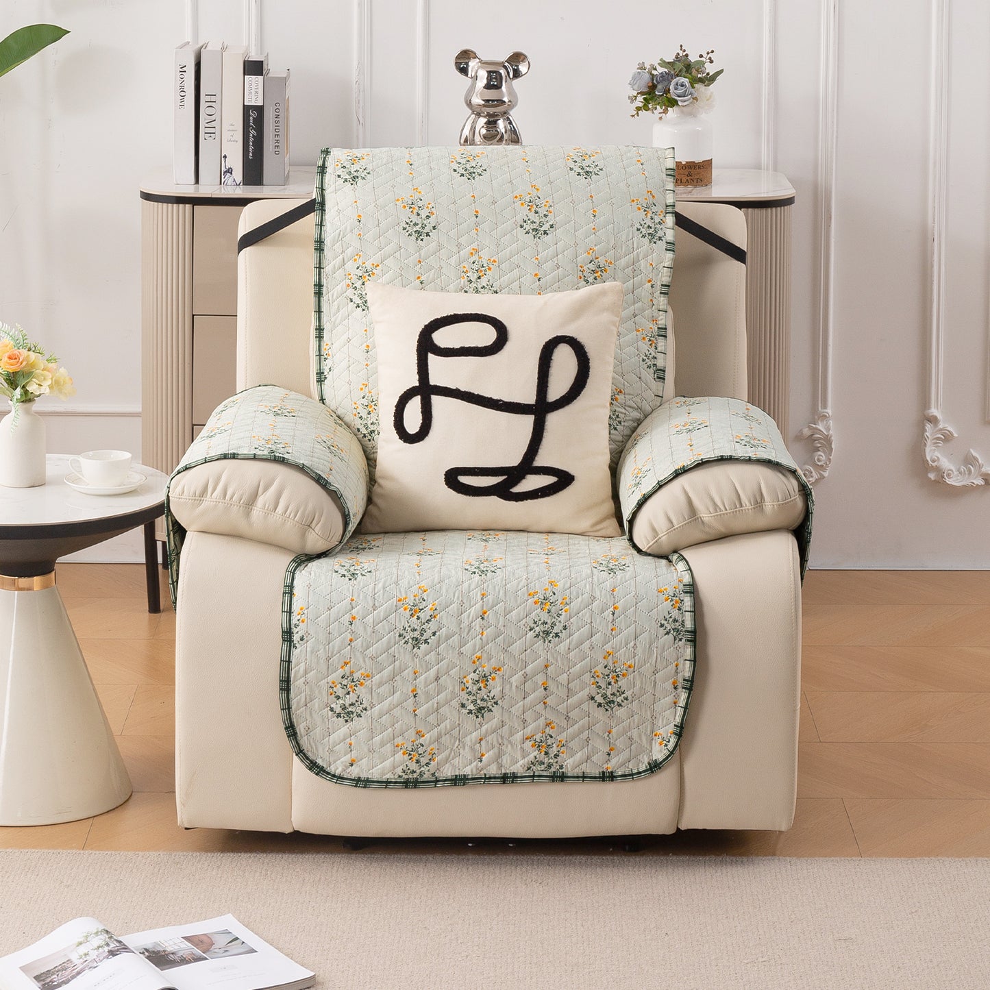 Quilted Cover for Recliner Sofa with SecureFit Belt & Side Pocket, Light Green Ash Gypsy Flower