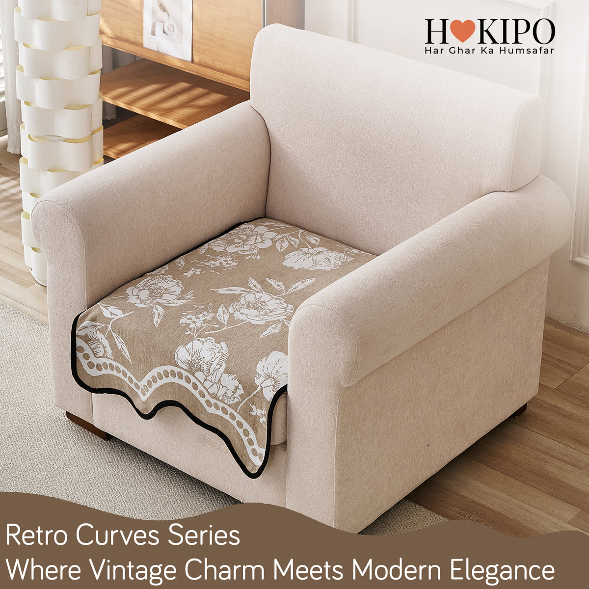 Chenille Sofa Cover Mat with Curvy Edges, 'Retro Curves Series' Sofa Mat, Sand Beige