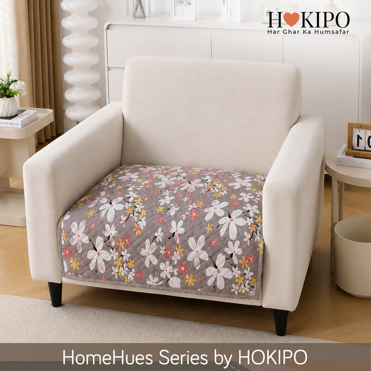 'Homehues' Printed Quilted Sofa Cover Mats, Pastel Brown Sandwort Flower