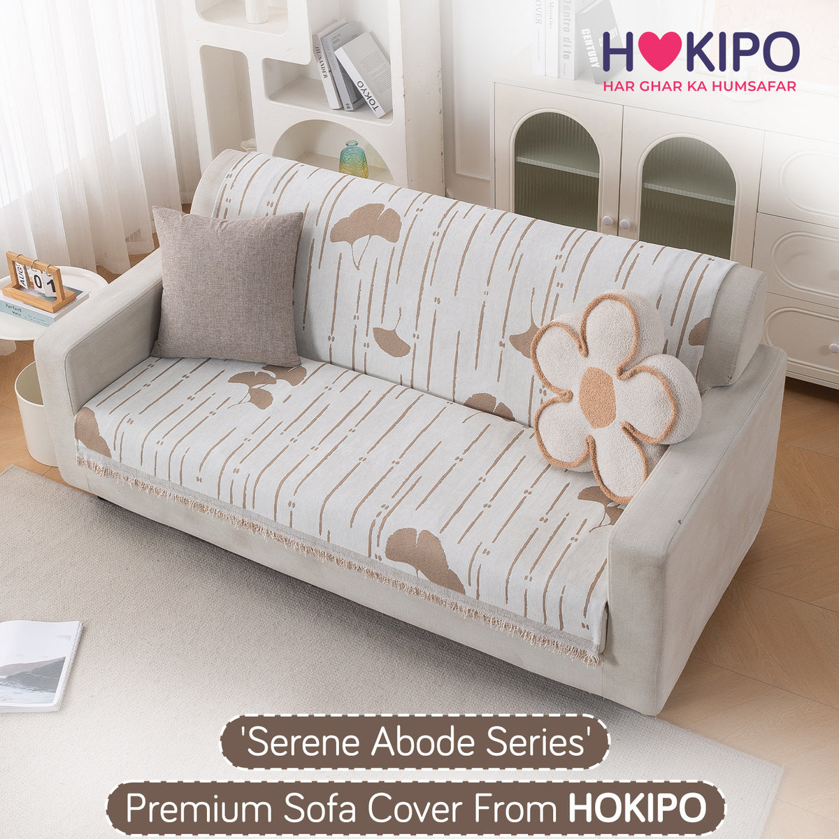 Premium 320 GSM Chenille Sofa Cover 'Serene Abode Series', Beige Ginkgo Lines