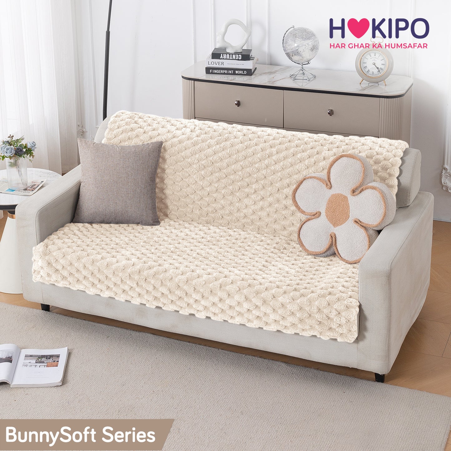 'BunnySoft Series' Plush Sofa Cover Throw for Sofa Seat & Back, Cream