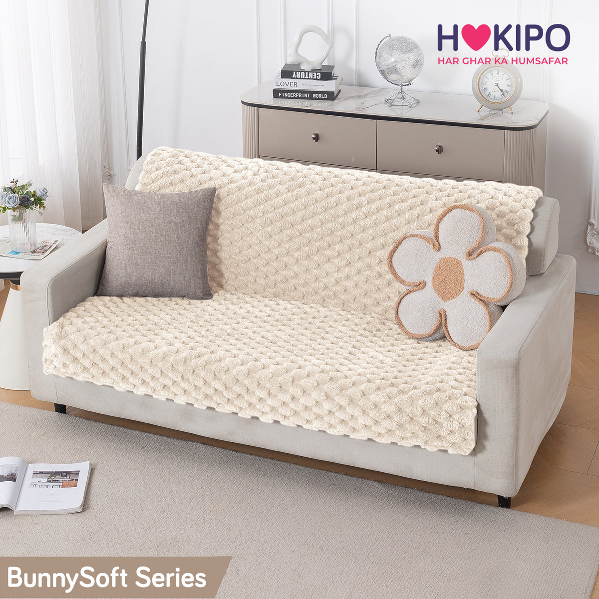 'BunnySoft Series' Plush Sofa Cover Throw for Sofa Seat & Back, Cream