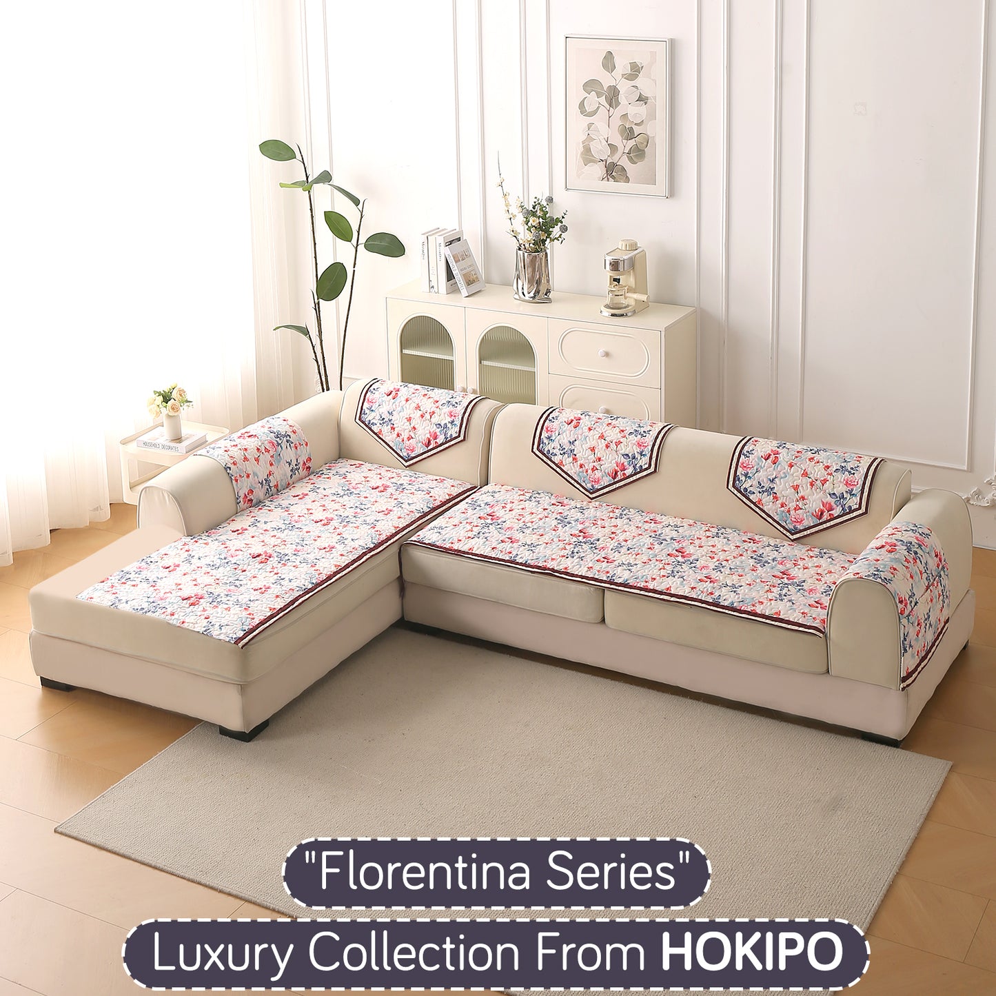 Florentina Series Quilted Holland Velvet L Shape Sofa Seat Mat - Scarlet Rose Ivory