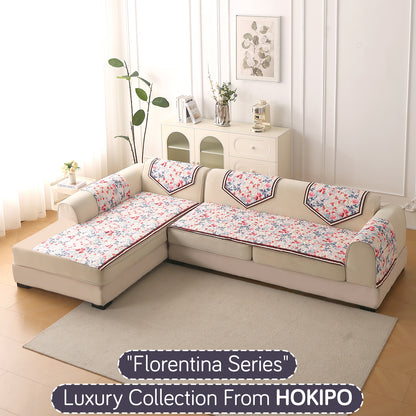 Florentina Series Quilted Holland Velvet L Shape Sofa Seat Mat - Scarlet Rose Ivory