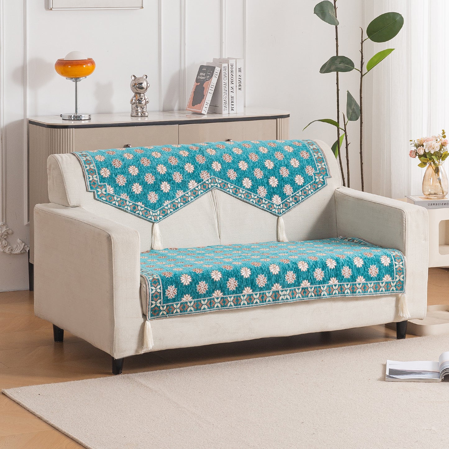 Heritage Weave Premium Jacquard Sofa Cover Set with Tassels - Emerald Teal