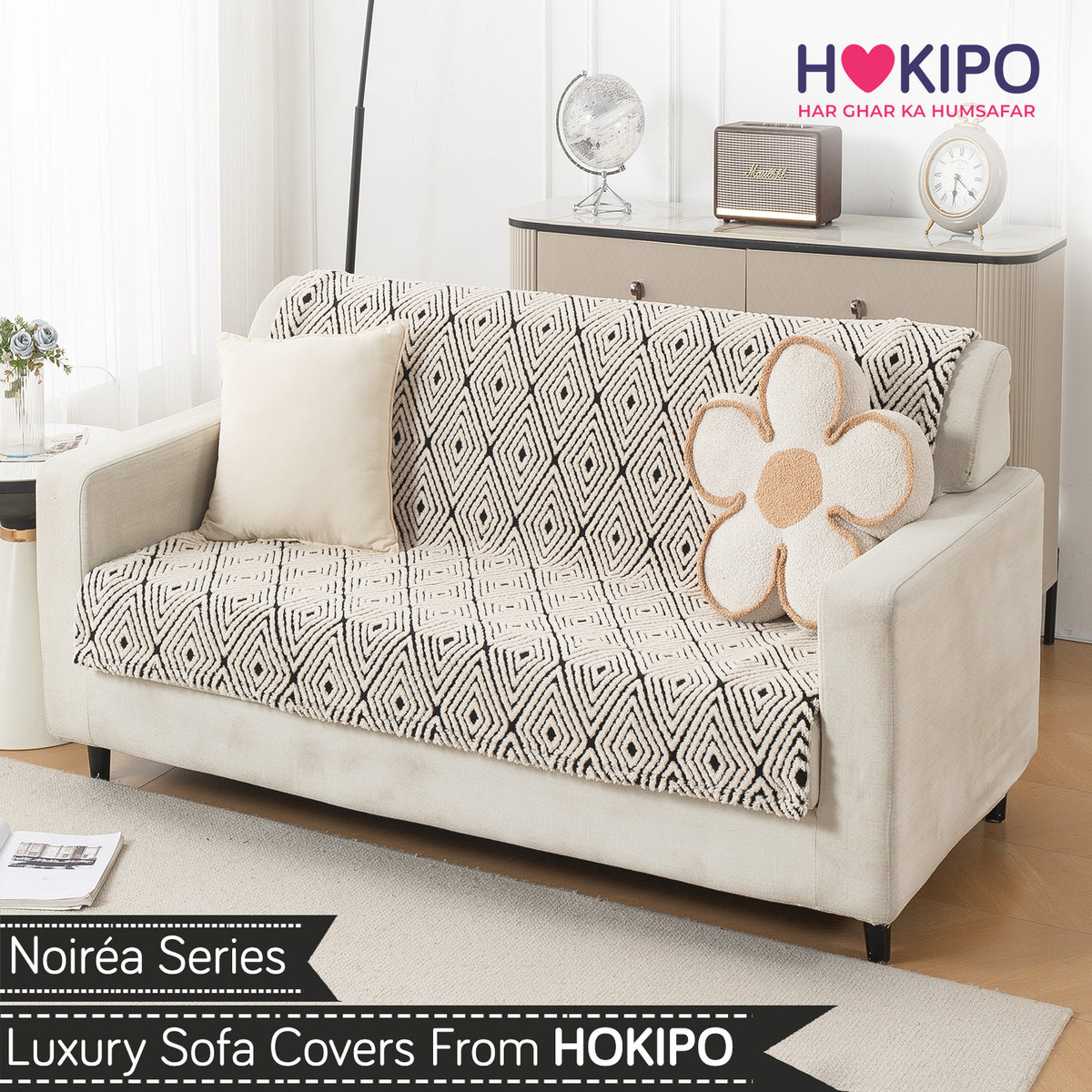 'Noirea Series' Plush Sofa Cover for Seat & Back, Geometric Diamond