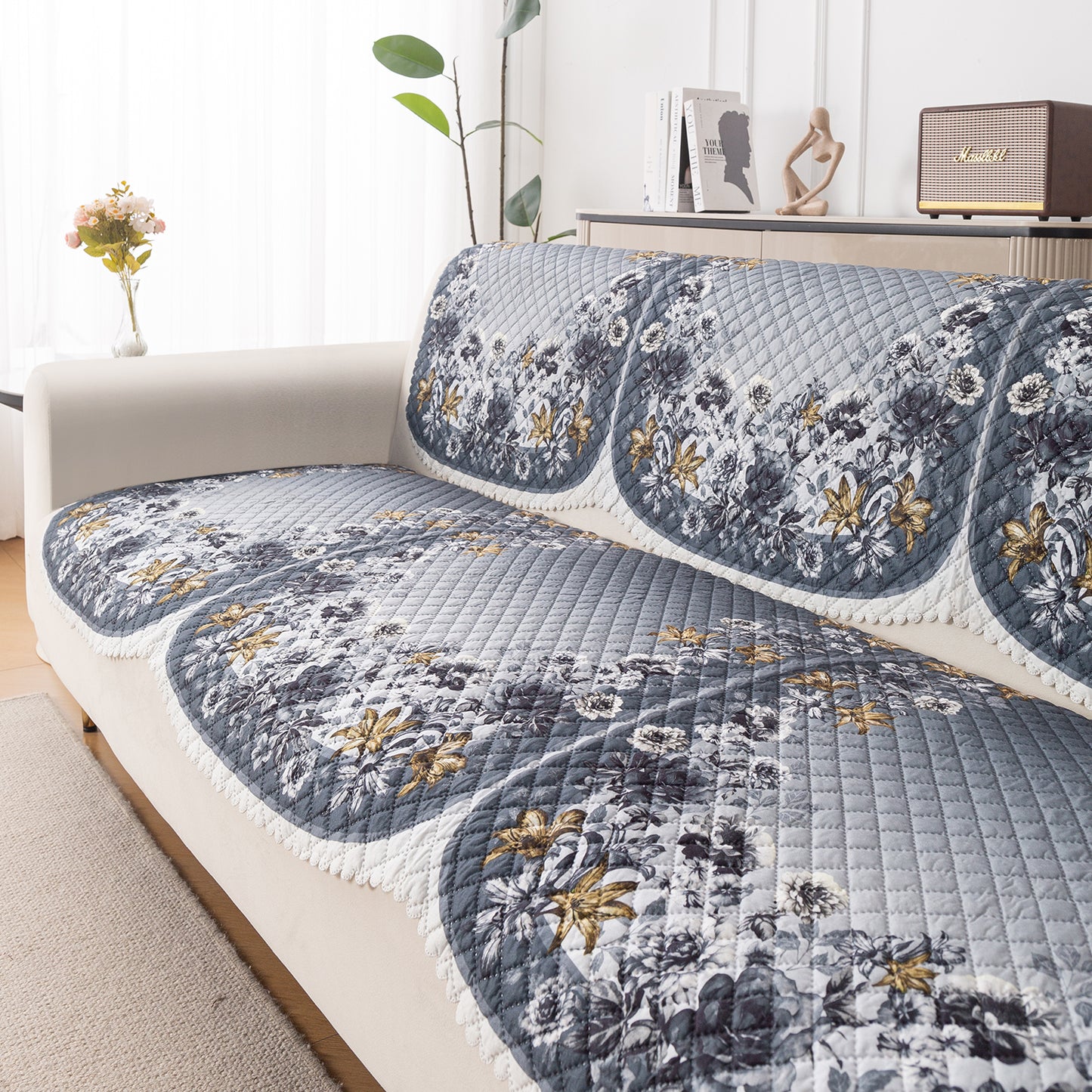 LoomVerse Quilted Sofa Cover Set Washable Sofa Panel for Seat & Back - Blue Belle