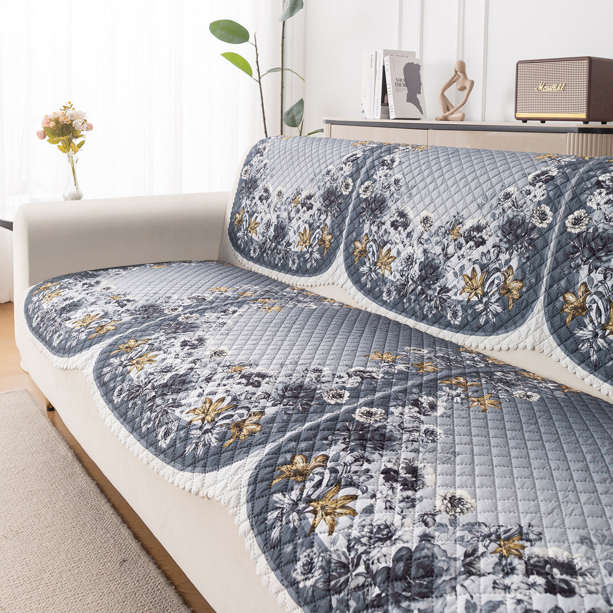 LoomVerse Quilted Sofa Cover Set Washable Sofa Panel for Seat & Back - Blue Belle