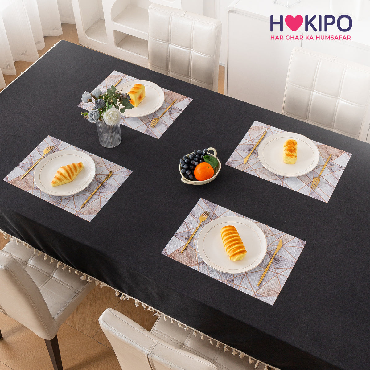 Marble Fusion PVC Mats for Dining Table, Angular Aura - Cream Gold
