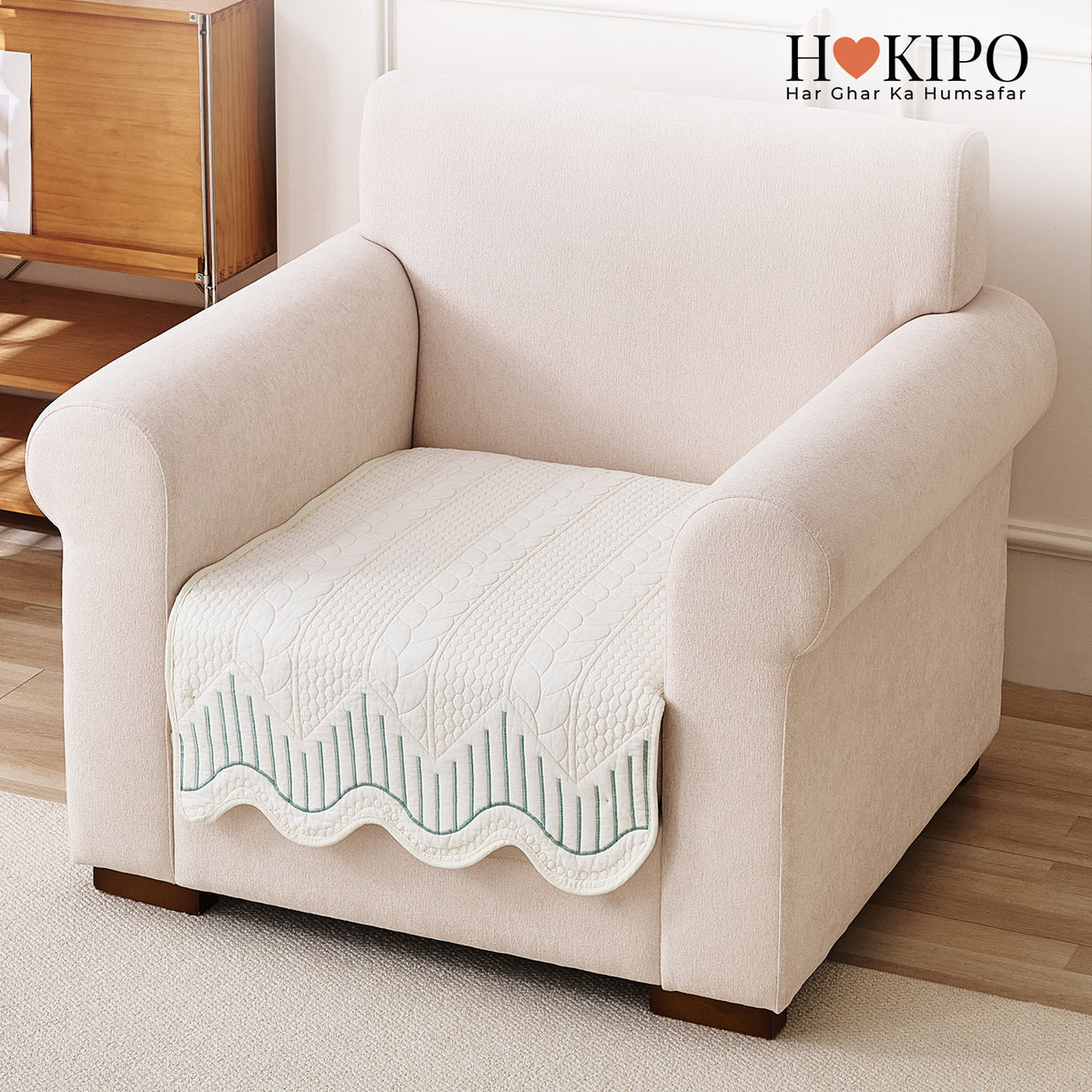 Cotton Reverie with a Curved Wavy Edge Sofa Mat, Greenish Cream