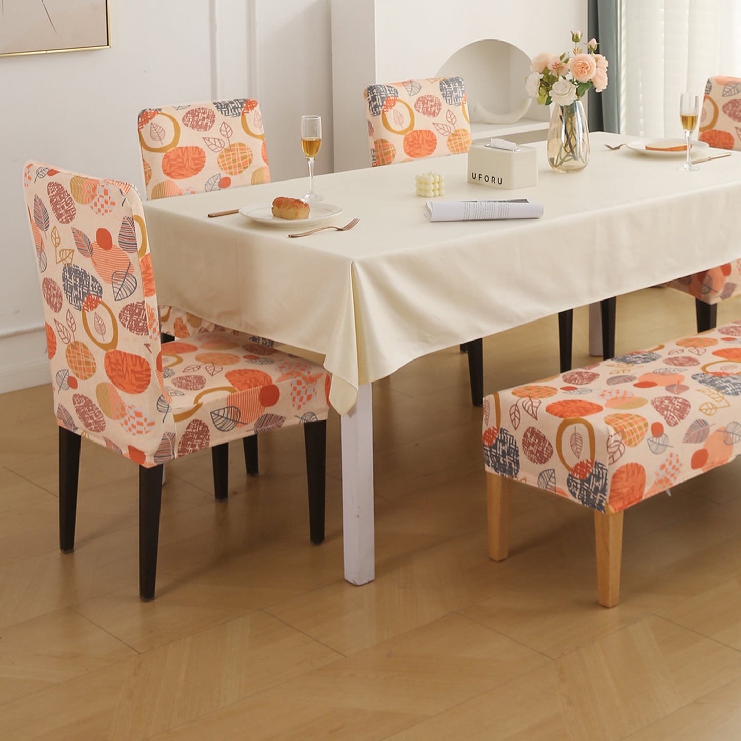 Premium Velvet Cover Set for 4 Dining Chairs + 1 Dining Bench, Coral Autumn Leaves
