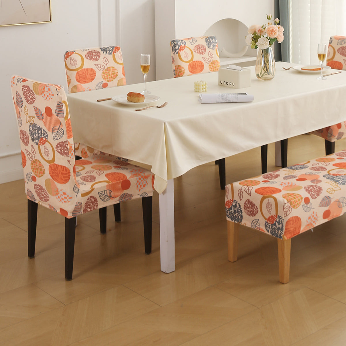 Premium Velvet Cover Set for 4 Dining Chairs + 1 Dining Bench, Coral Autumn Leaves