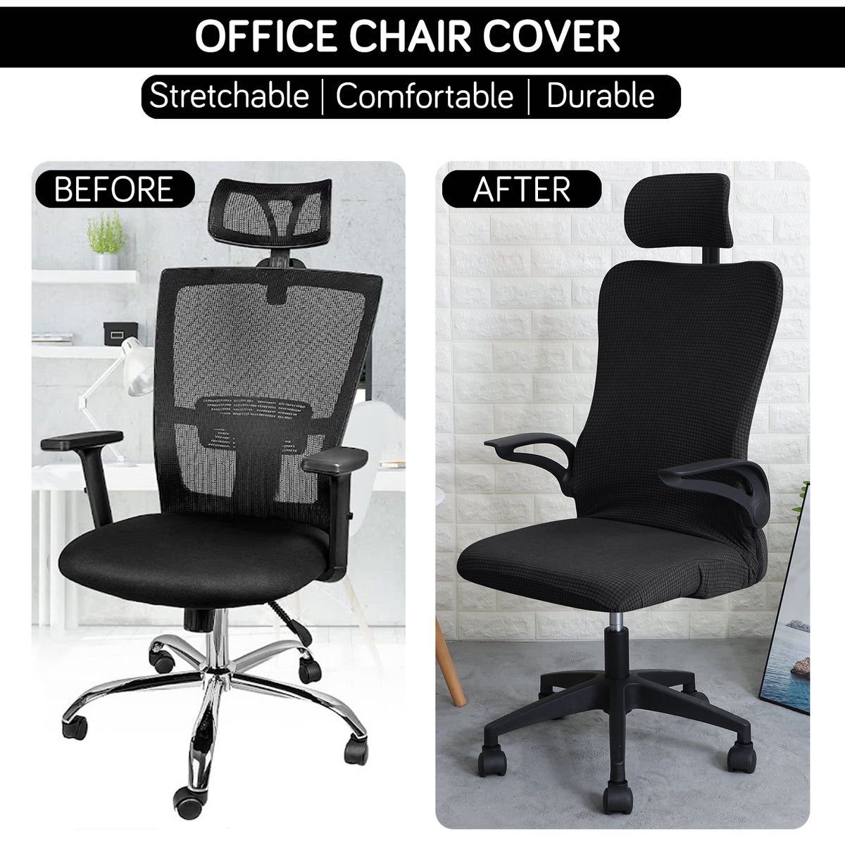 Water Repellent Office Chair Cover with Headrest (High-Back) – 210 GSM Stretch Jacquard – Washable, Anti-Slip Fit for Ergonomic Mesh Office Chairs, Black