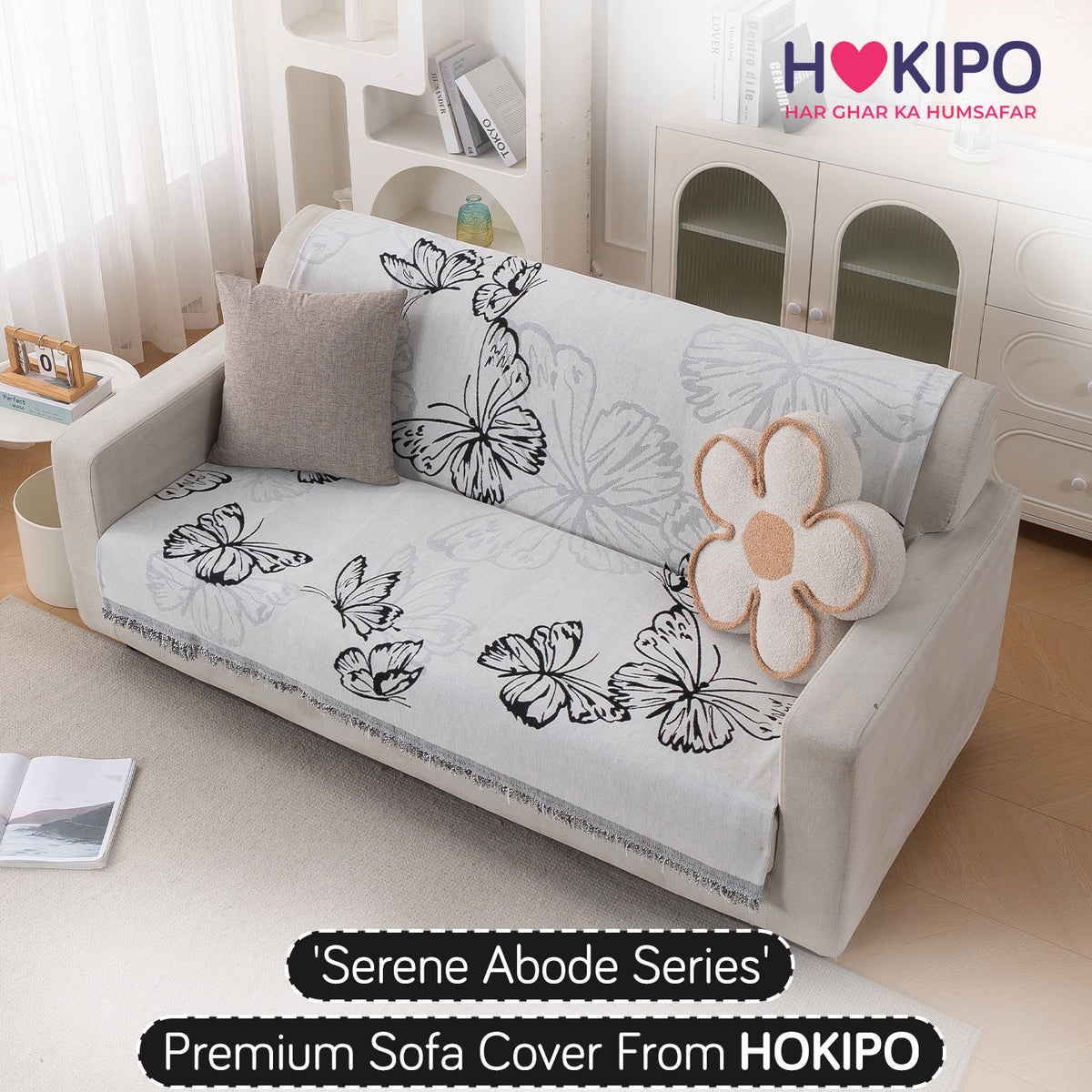 Premium 320 GSM Chenille Sofa Cover 'Serene Abode Series', Monochrome Butterfly