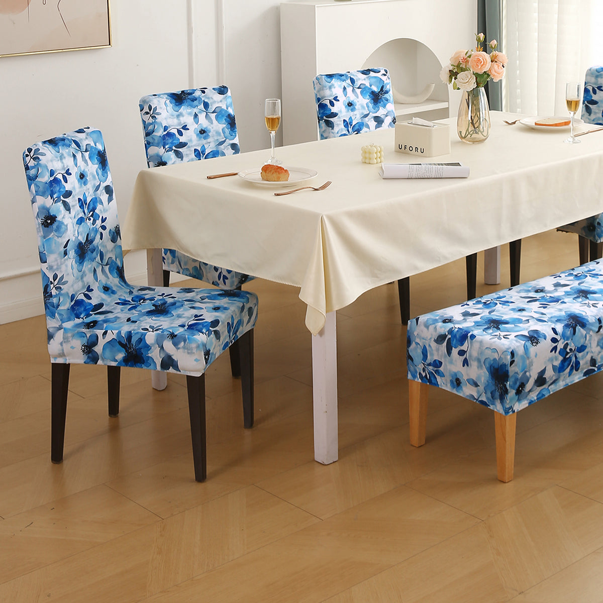Premium Velvet Cover Set for 4 Dining Chairs + 1 Dining Bench, Blue Azure Botanical