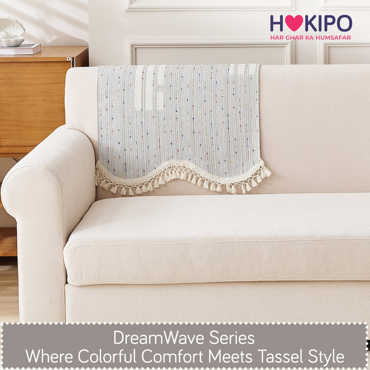 DreamWave Chenille with Tassels Sofa Cover Mat, Pearl Grey