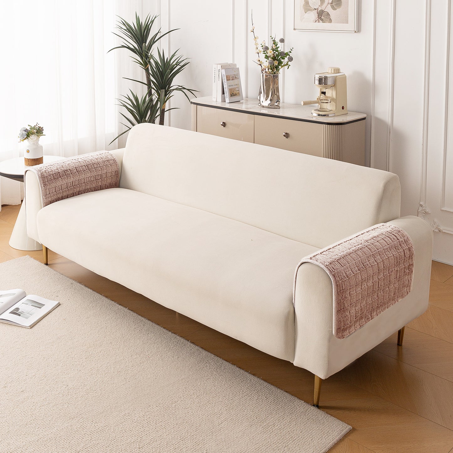 Premium Plush Set of 2 Sofa Armrest Covers, Beige