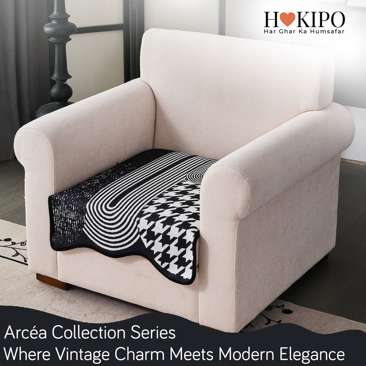 Arcea Chenille With Curved Edges Sofa Cover Mat, White Houndstooth