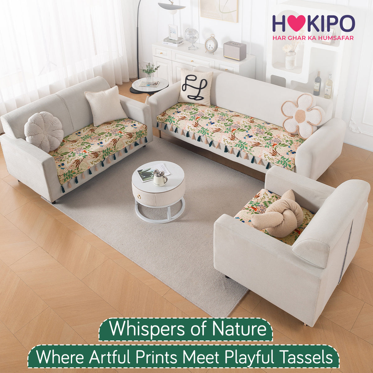 'Whispers of Nature' Series Holland Velvet Sofa Mat with Tassel, Beige Woodland Bloom