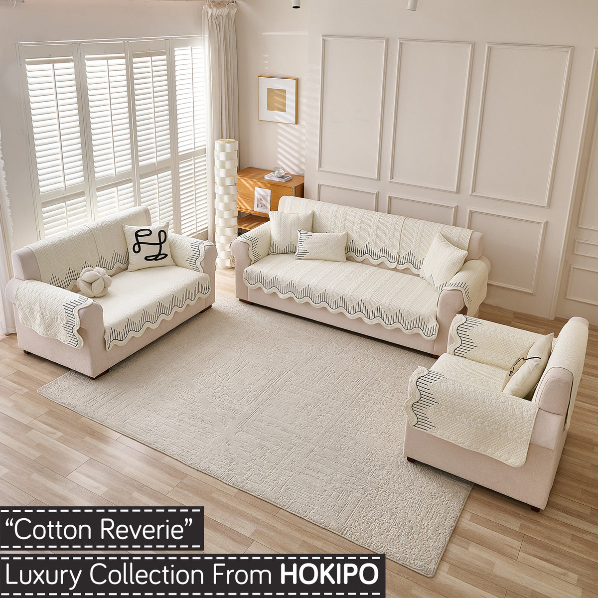 Cotton Reverie with a Curved Wavy Edge Sofa Mat, Midnight Cream
