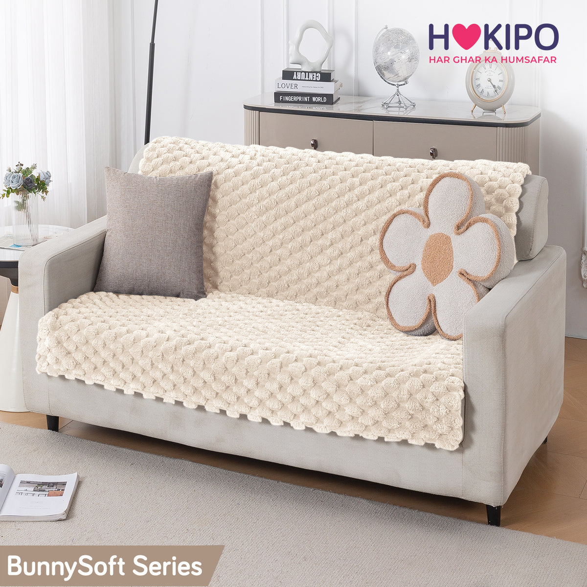 'BunnySoft Series' Plush Sofa Cover Throw for Sofa Seat & Back, Cream