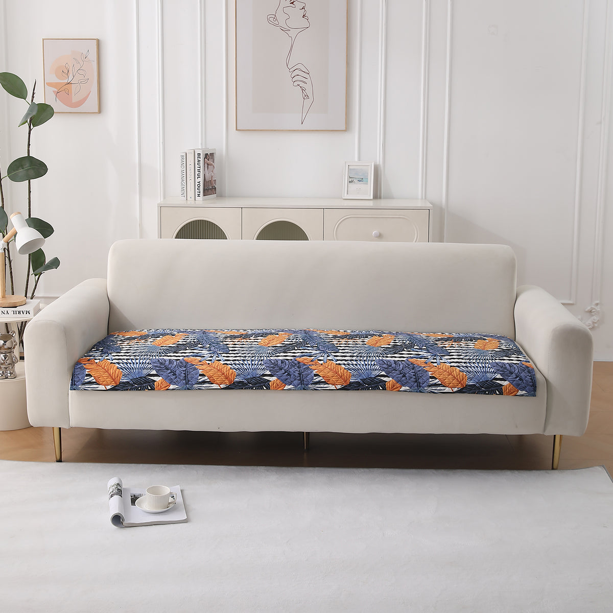 LiefNest Holland Velvet Sofa Cover Mat with Foam Filling - Tropical Leaves Dusk Blue