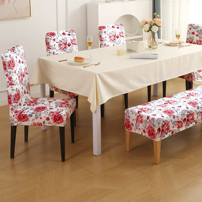 Premium Velvet Cover Set for 4 Dining Chairs + 1 Dining Bench, Red Cottage Rose