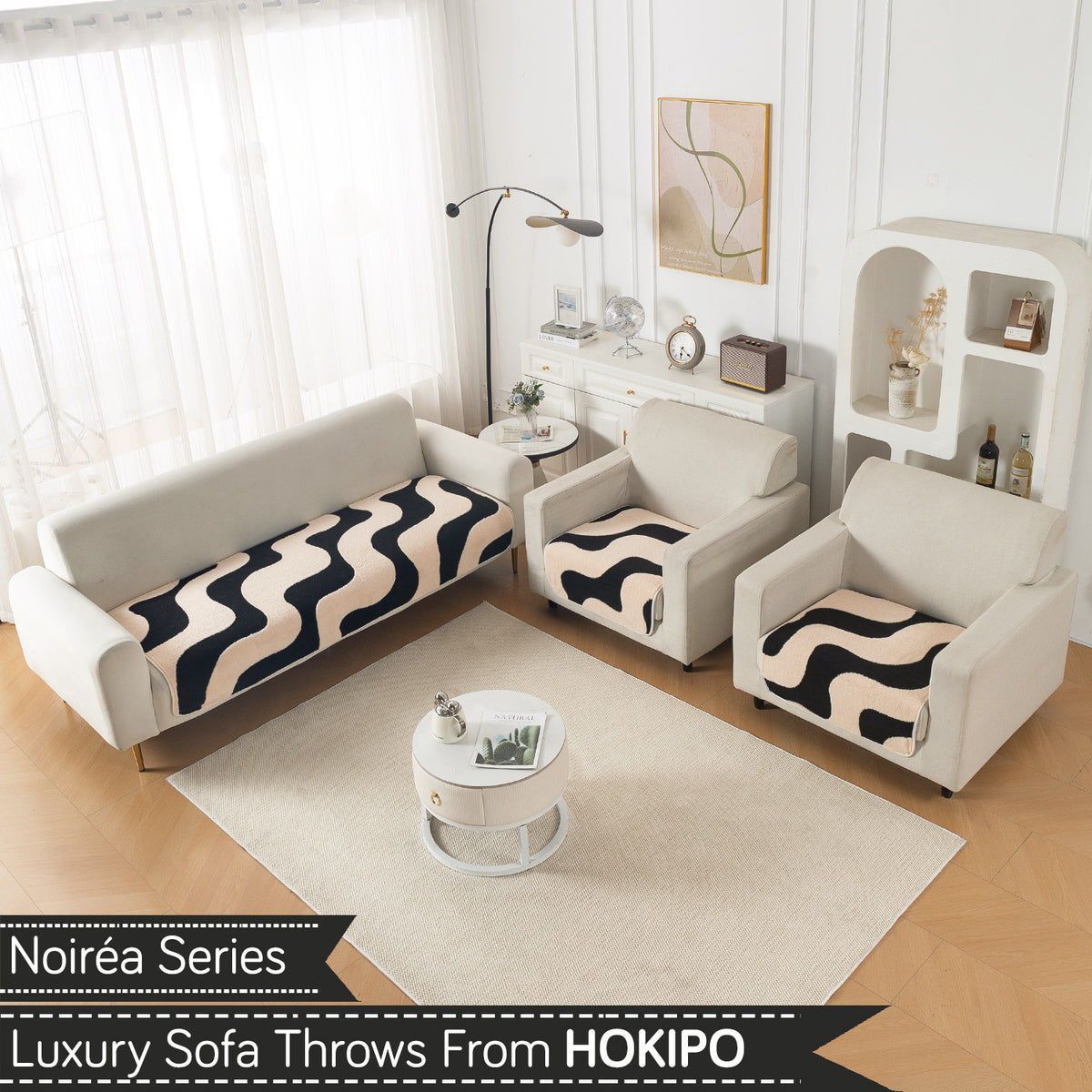 Luxury Plush Sherpa Anti Slip Combination Sofa Mat, 'Noirea Series'|Wavy Stripe