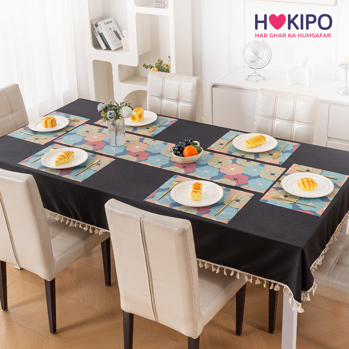 Color Splash PVC Mats for Dining Table, Floral Wheel - Teal Blue