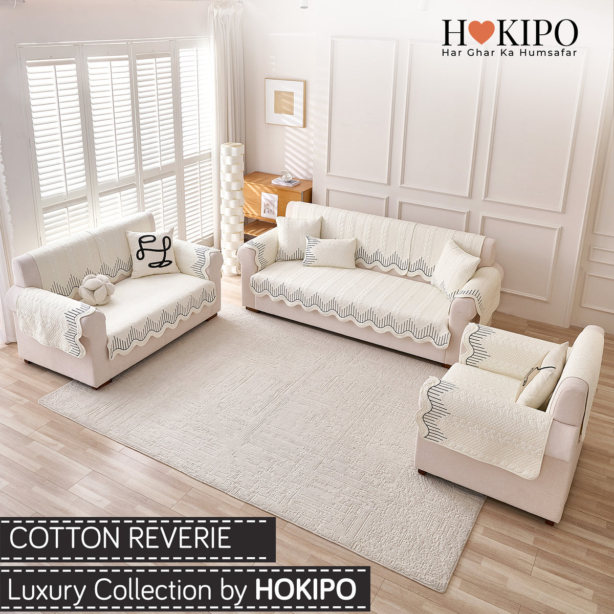 Cotton Reverie with a Curved Wavy Edge Sofa Mat, Midnight Cream