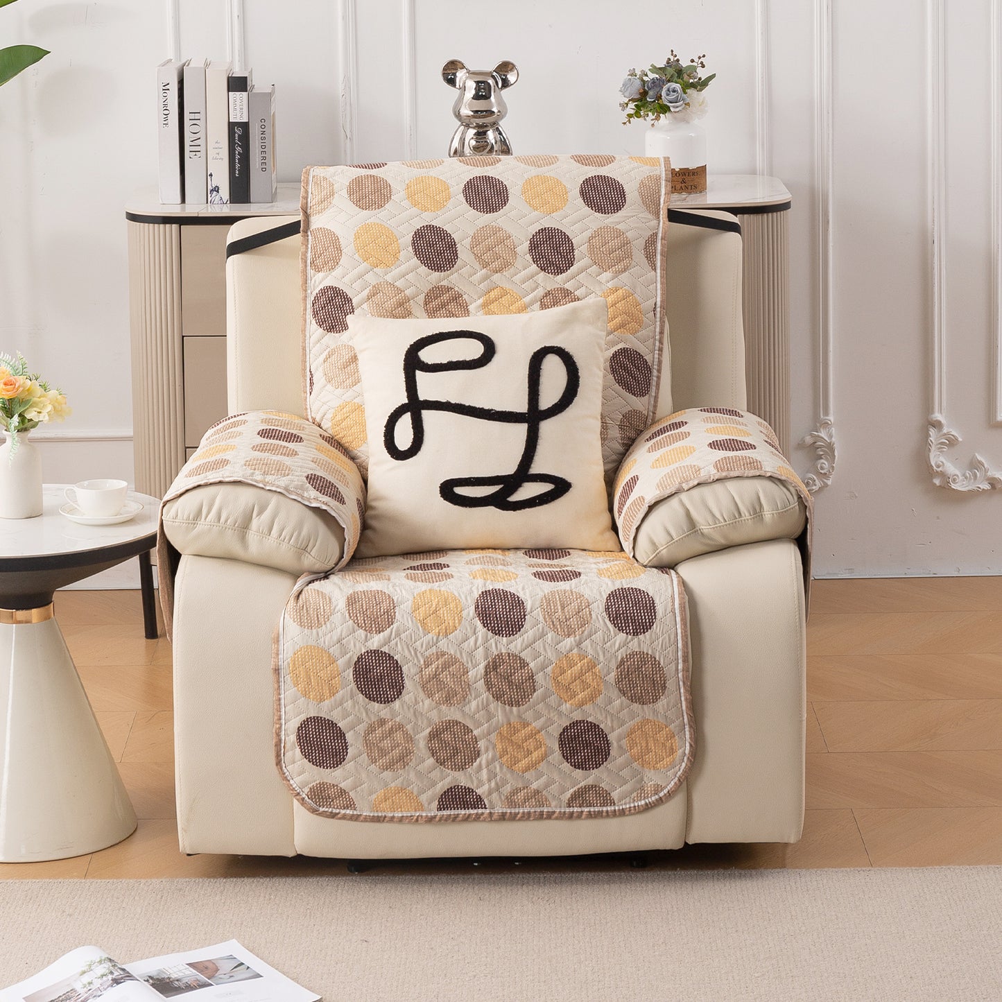 Quilted Cover for Recliner Sofa with SecureFit Belt & Side Pocket, Brown Polka Dot