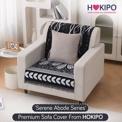 Premium 320 GSM Chenille Sofa Cover 'Serene Abode Series', Black Fern Tribal