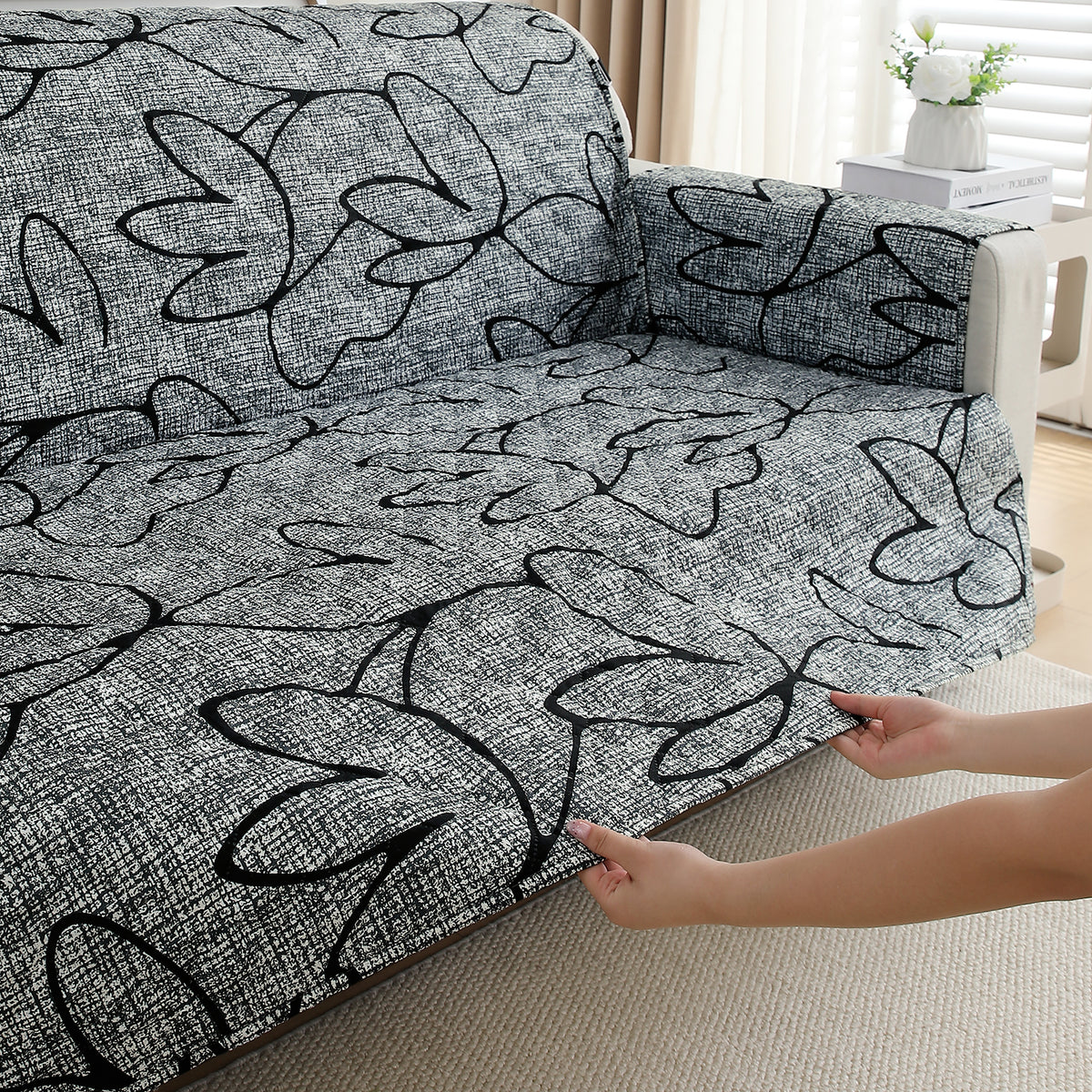 Waterproof & Quick-Dry Quilted Sofa Cover with Pockets on Armrest, Intense Grey Abstract Floral