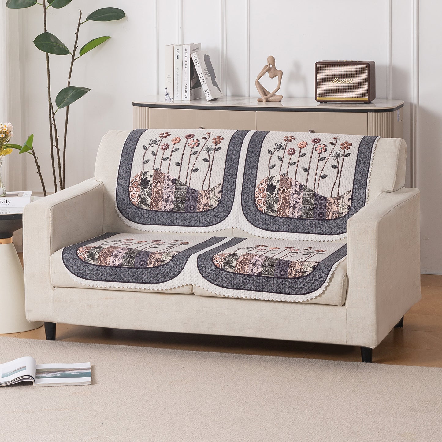 HeavenHue Fleece Soft Touch Quilted Sofa Cover Set Washable Sofa Panel for Seat & Back - Mystic Wings