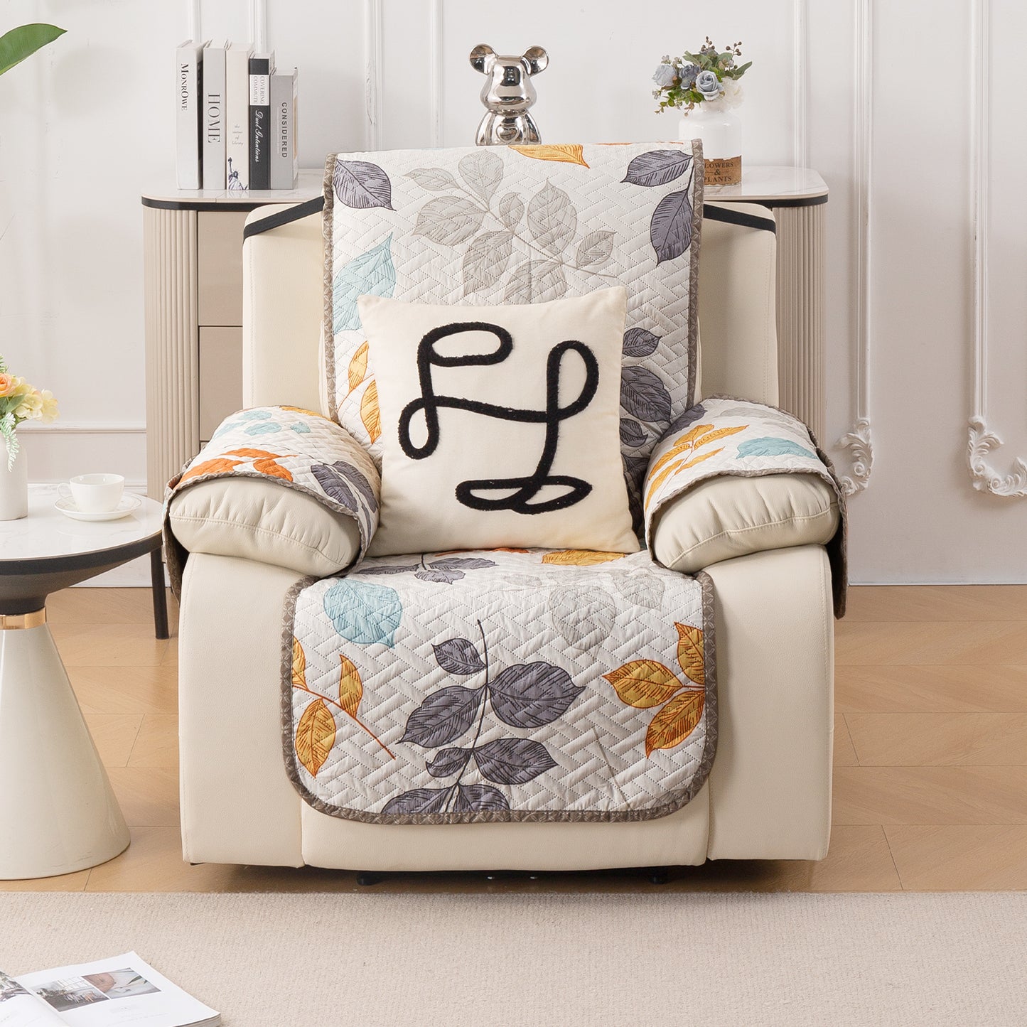 Quilted Cover for Recliner Sofa with SecureFit Belt & Side Pocket, Multicolor Leaves