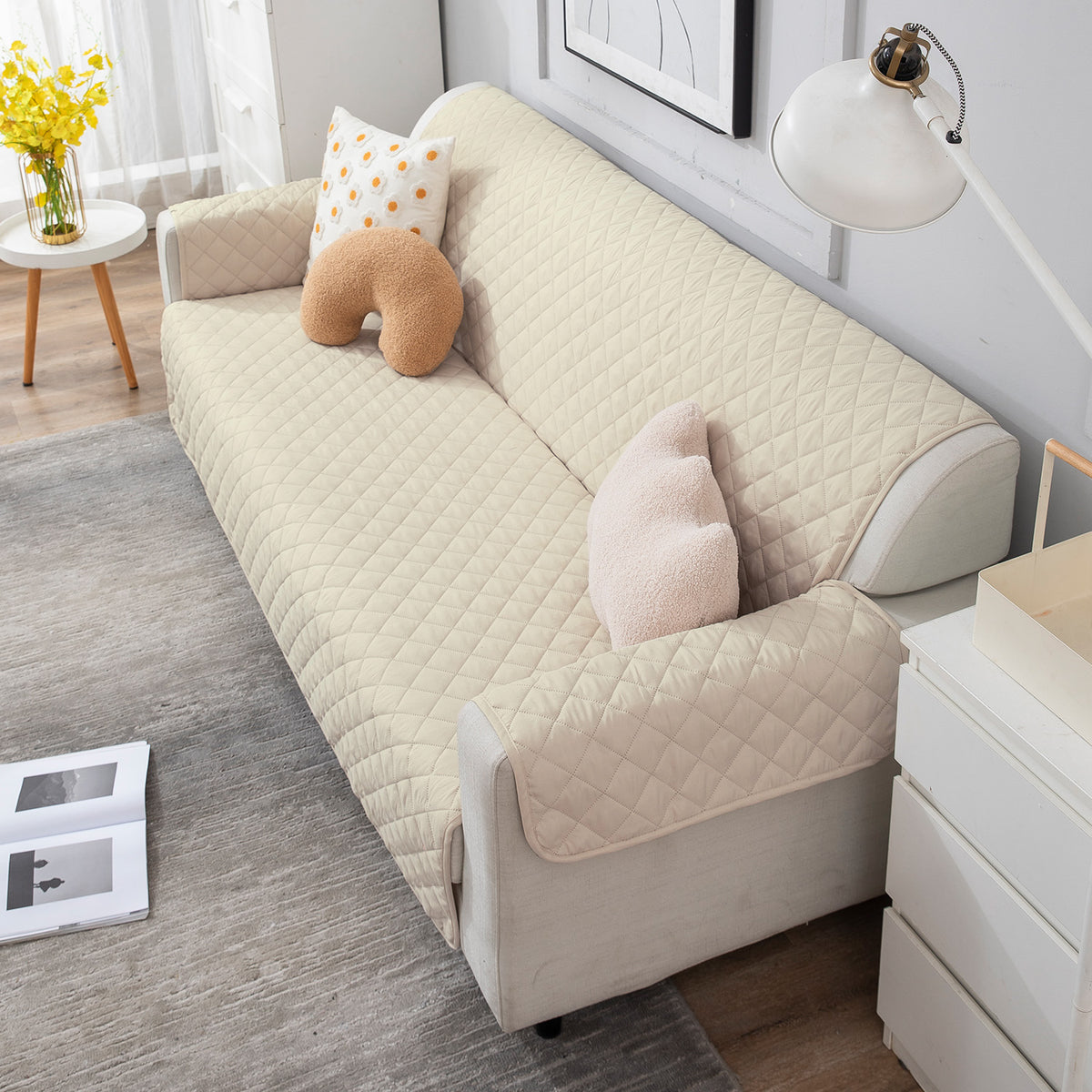 UrbanQuilt Quilted Polyester Sofa Cover Mat Pet Friendly, Cream