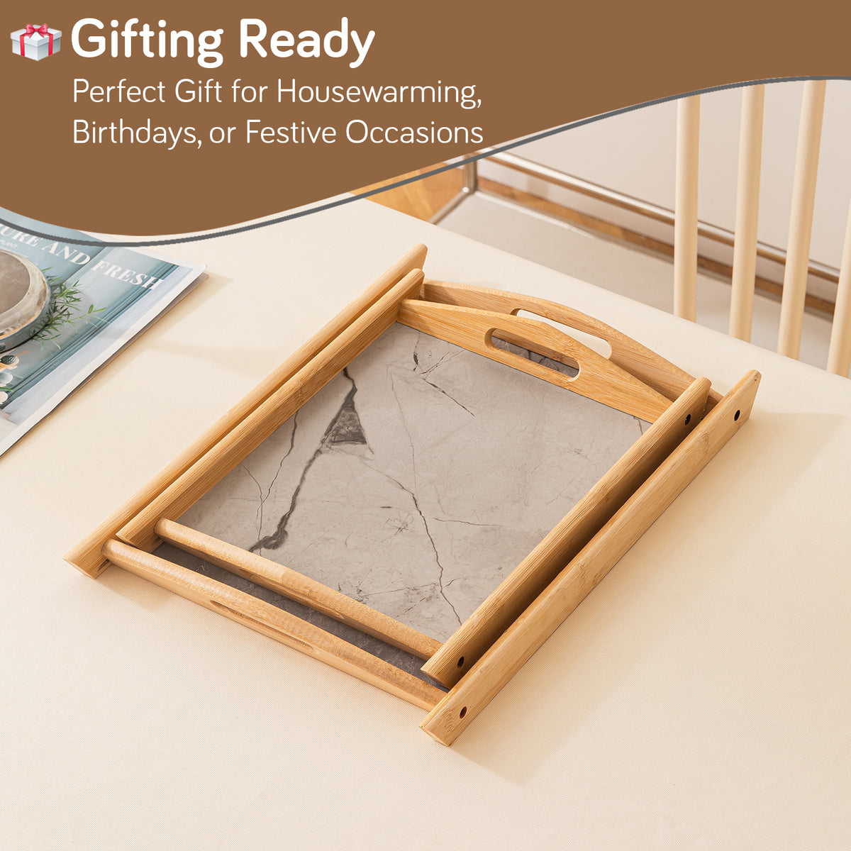 Bamboo Serving Tray Set with Grey Marble Base