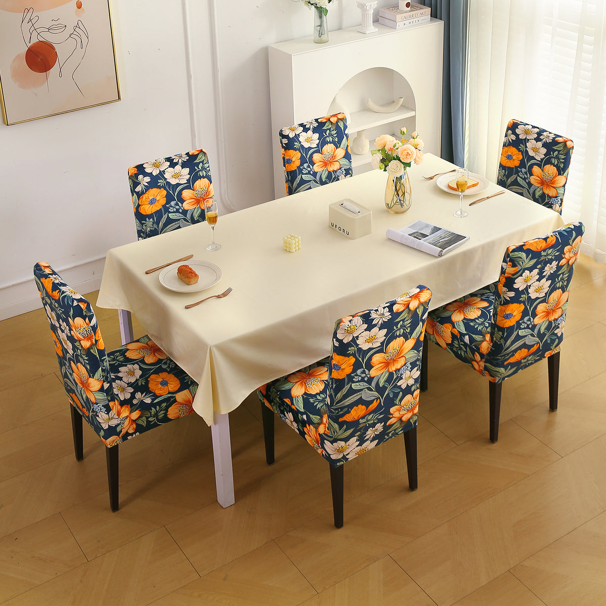 Premium Printed Velvet Dining Chair Cover Set, Teal Twilight Garden