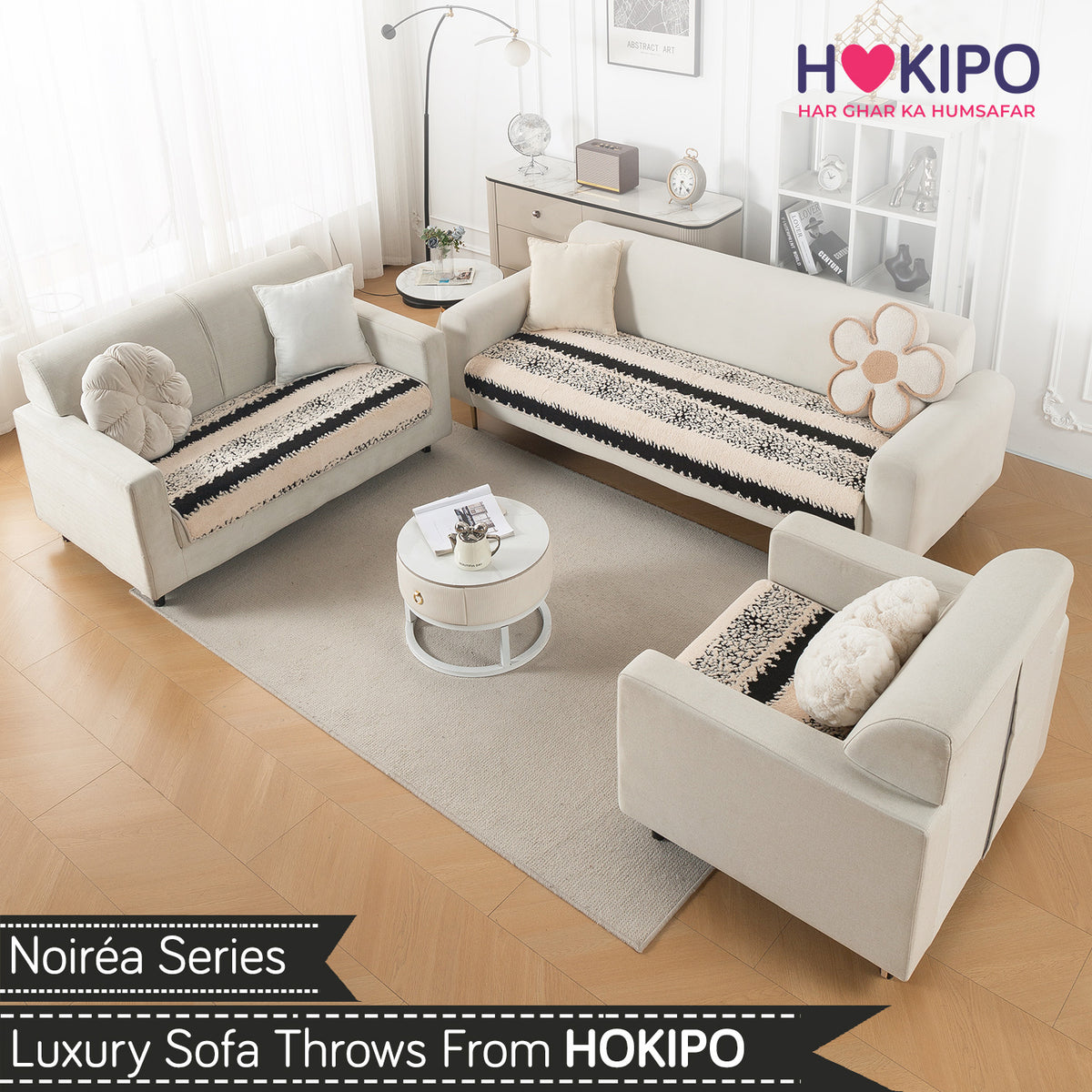 Luxury Plush Sherpa Anti Slip Combination Sofa Mat, 'Noirea Series'|Textured Stripe