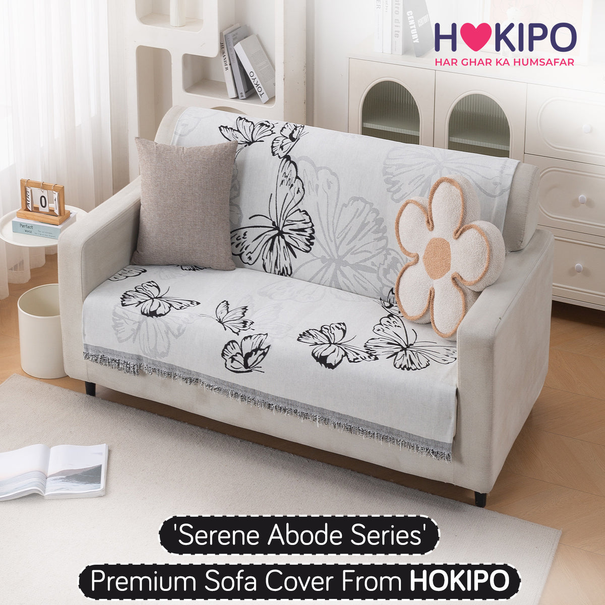 Premium 320 GSM Chenille Sofa Cover 'Serene Abode Series', Monochrome Butterfly