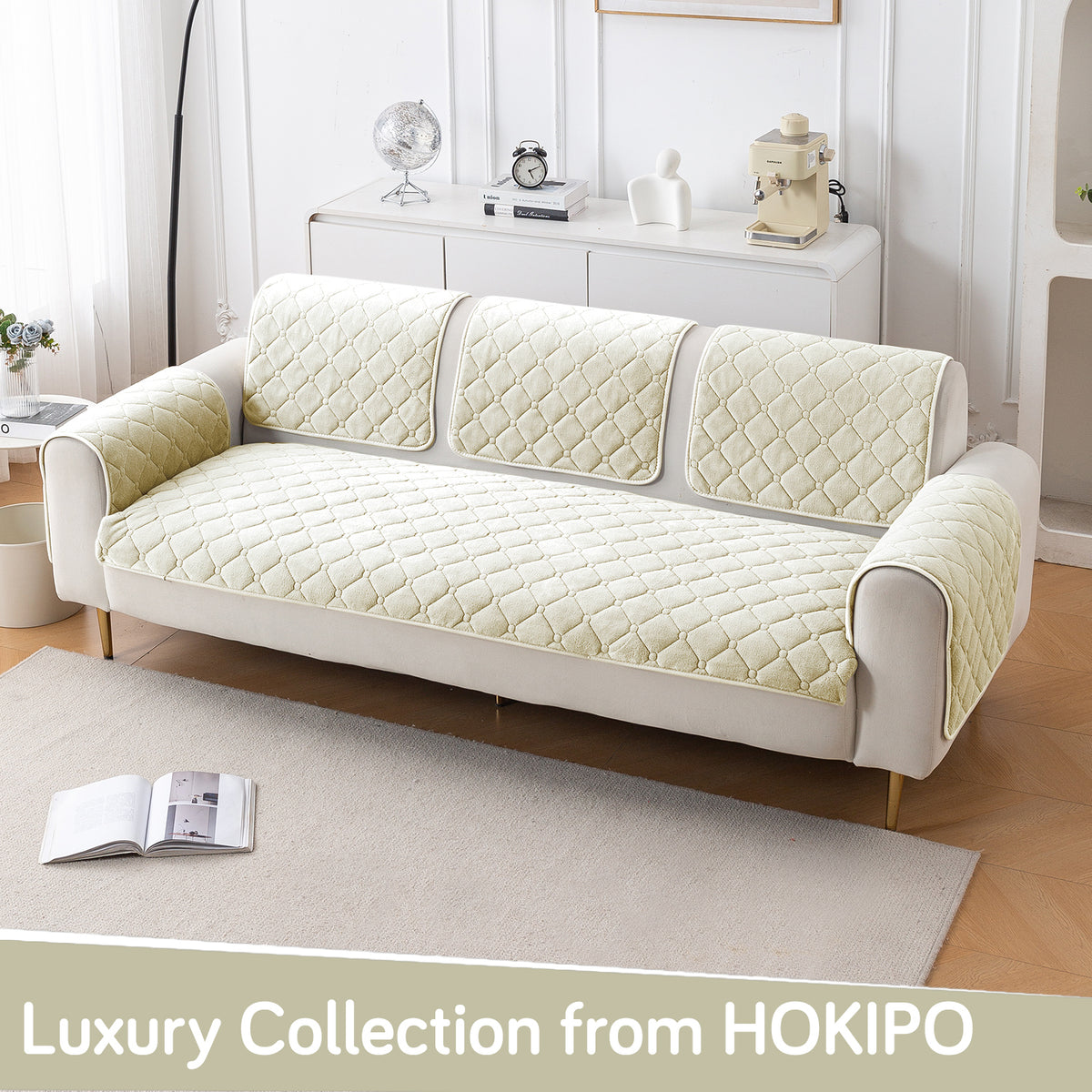 Diamond Tuft Plush Sofa Cover Mat, Ivory Cream