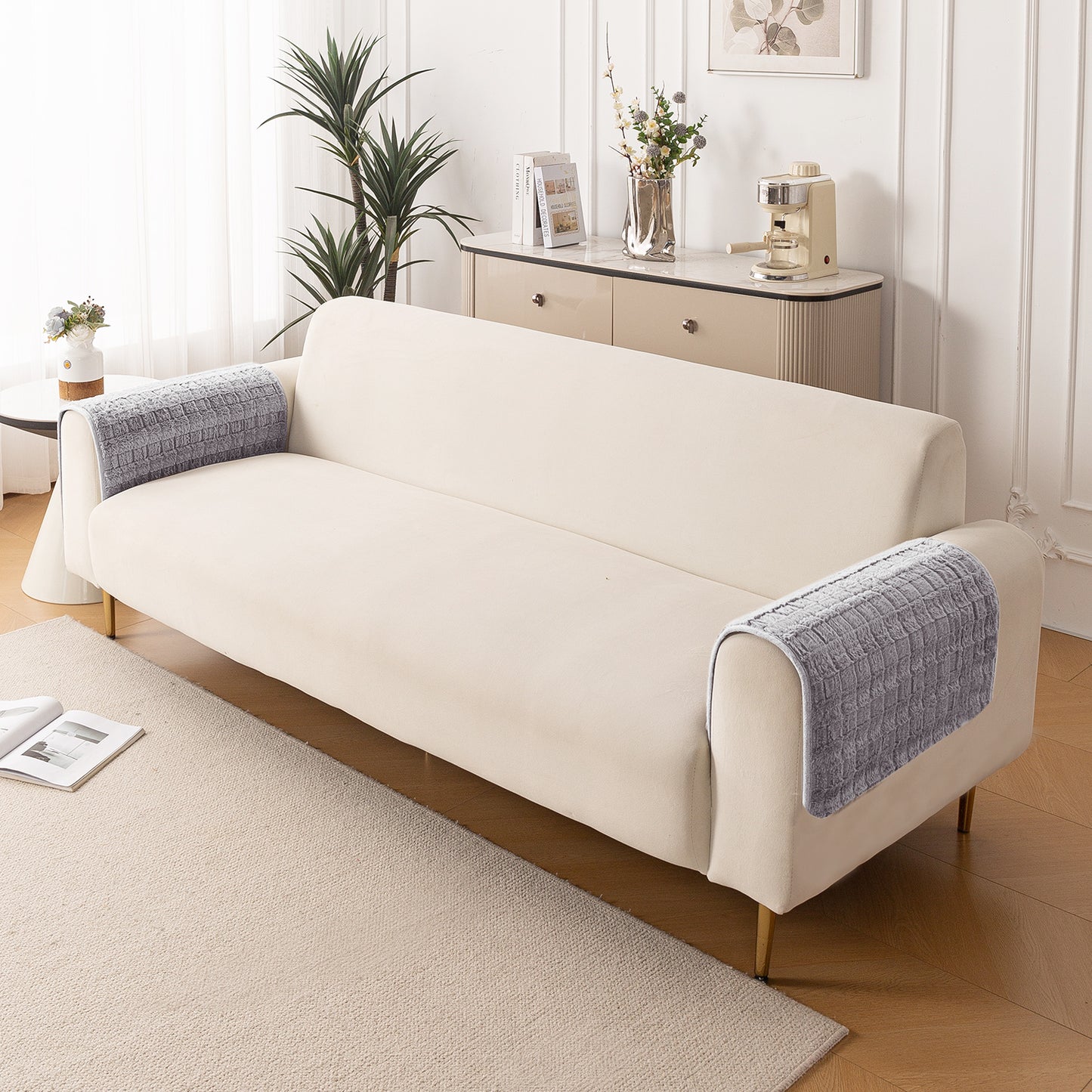 Premium Plush Set of 2 Sofa Armrest Covers, Light Grey