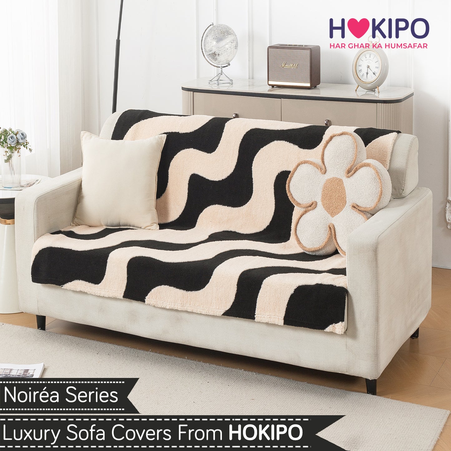 'Noirea Series' Plush Sofa Cover for Seat & Back, Wavy Stripe