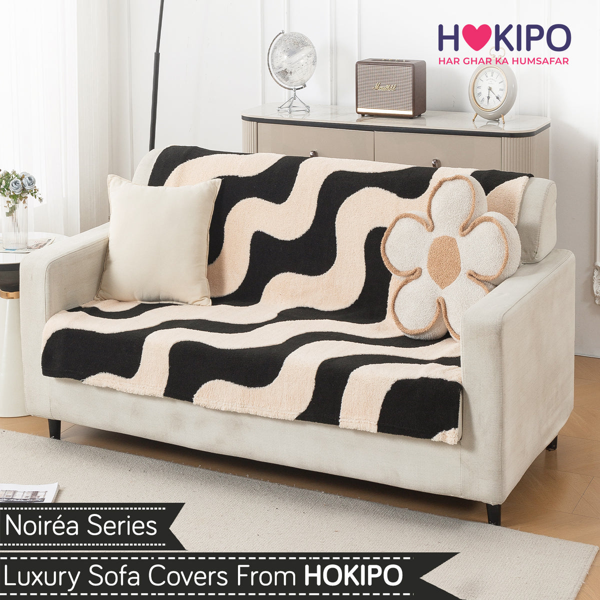 'Noirea Series' Plush Sofa Cover for Seat & Back, Wavy Stripe
