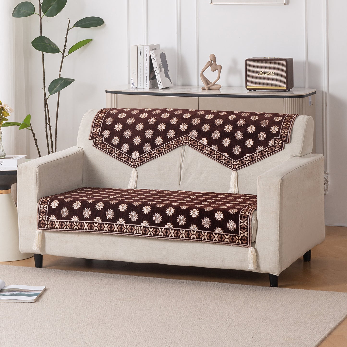 Heritage Weave Premium Jacquard Sofa Cover Set with Tassels - Coffee Brown