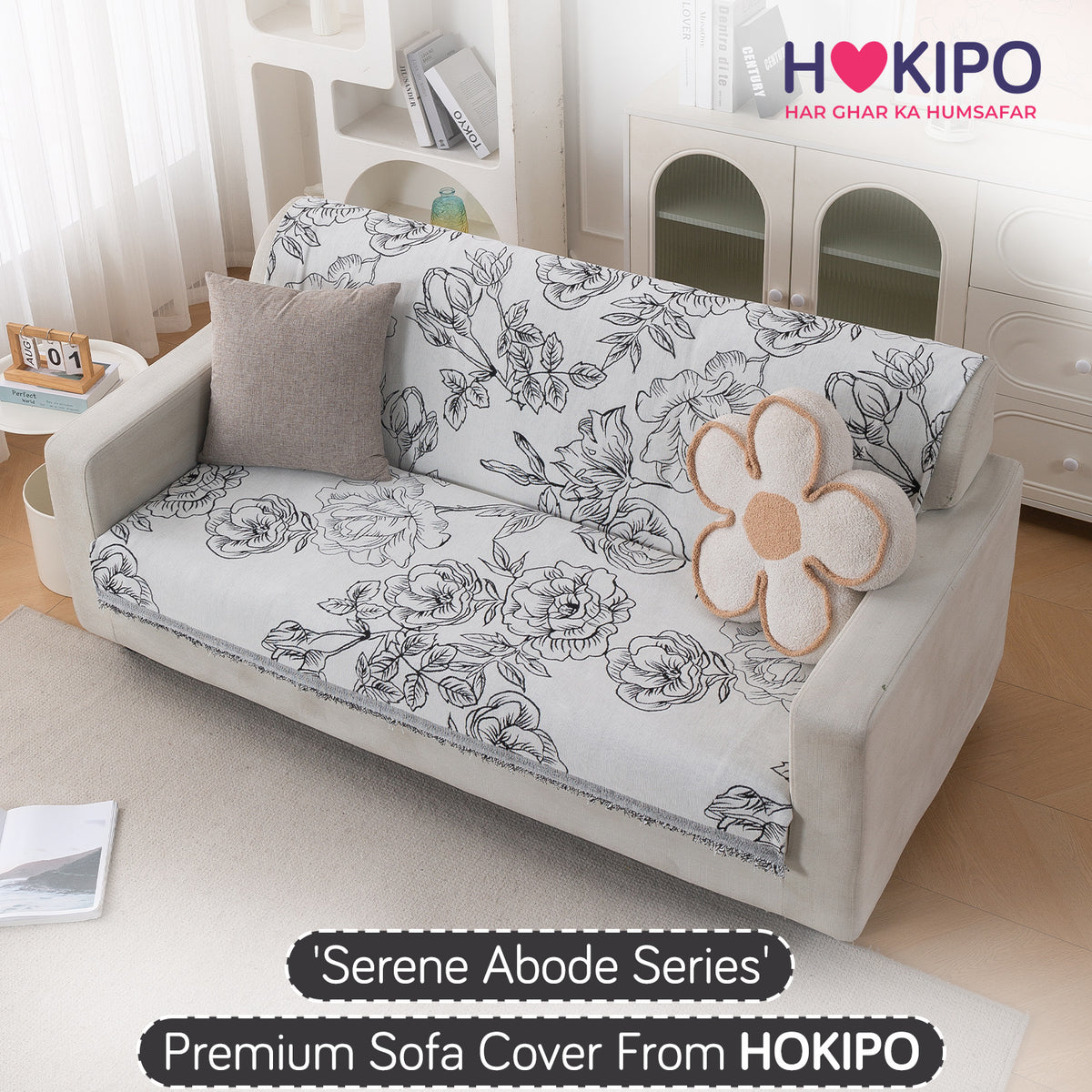 Premium 320 GSM Chenille Sofa Cover 'Serene Abode Series', White Rose Garden