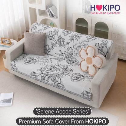 Premium 320 GSM Chenille Sofa Cover 'Serene Abode Series', White Rose Garden
