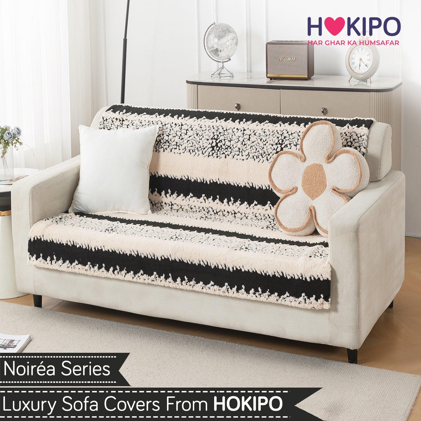 'Noirea Series' Plush Sofa Cover for Seat & Back, Textured Stripe