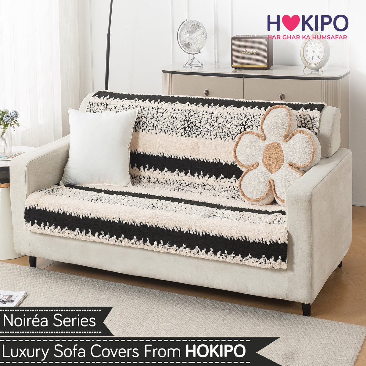 'Noirea Series' Plush Sofa Cover for Seat & Back, Textured Stripe