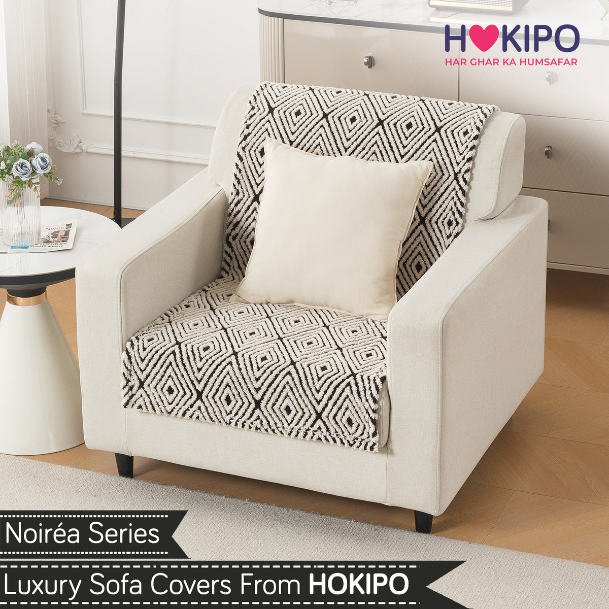 'Noirea Series' Plush Sofa Cover for Seat & Back, Geometric Diamond